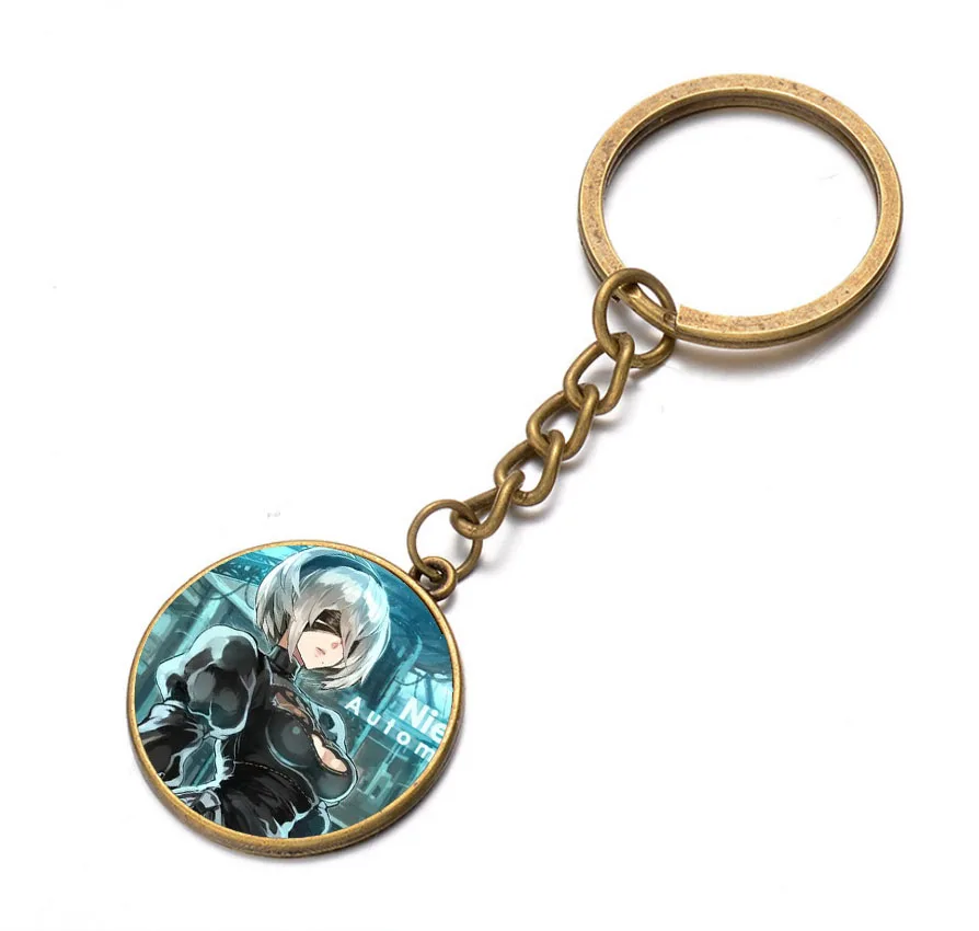 anime game NieR:Automata Keychain Glass Dome Key Chain Bag Charm Pendant Bronze black Holder Kids boys Christmas Gift key ring