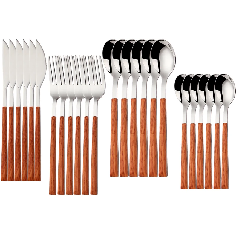 

24Pcs Stainless Steel Tableware Set Glossy Wood Silver Dinnerware Sets Western Food Knife fork Teaspoon Cutleries