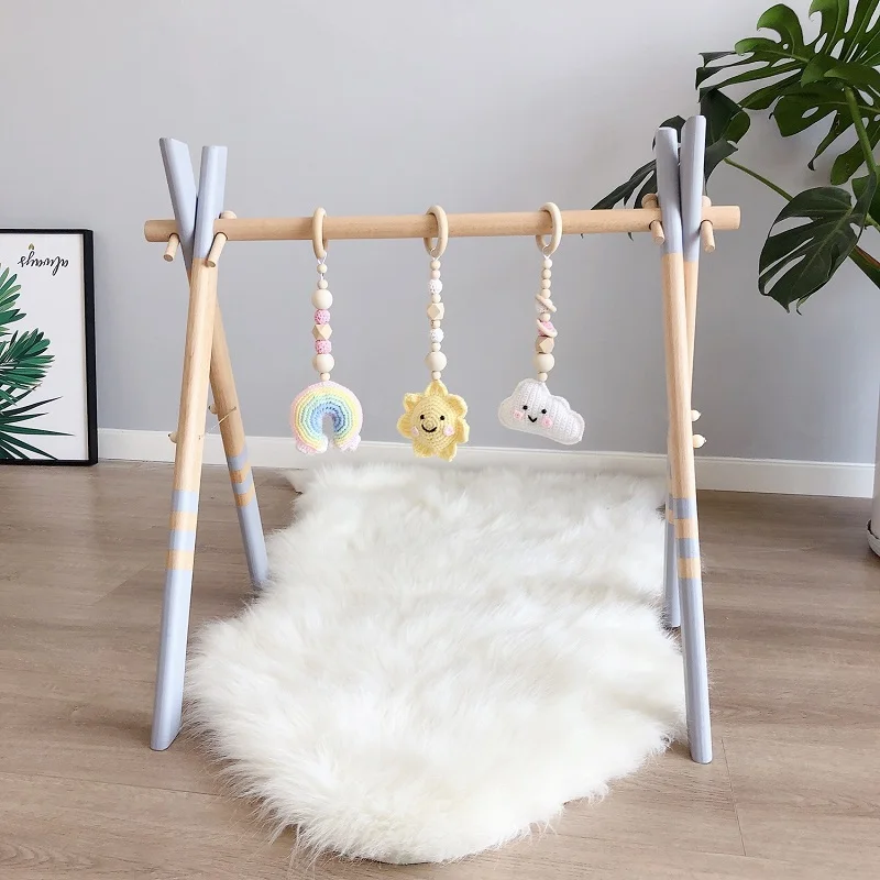 Wooden Baby Gym with 3 Sensory Toys Foldable Play Gym Frame Activity Gym Hanging Bar Girls Boys Room Decorations Newborn Gifts