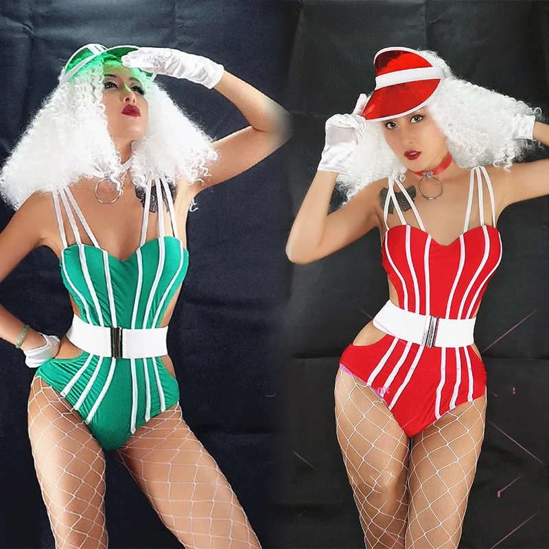 Stage Costume Bar DS Female Singer Clothes Pole Dance Show DJ Sexy Stripes Cutout Bodysuit Nightclub Rave Party Outfit DNV13118