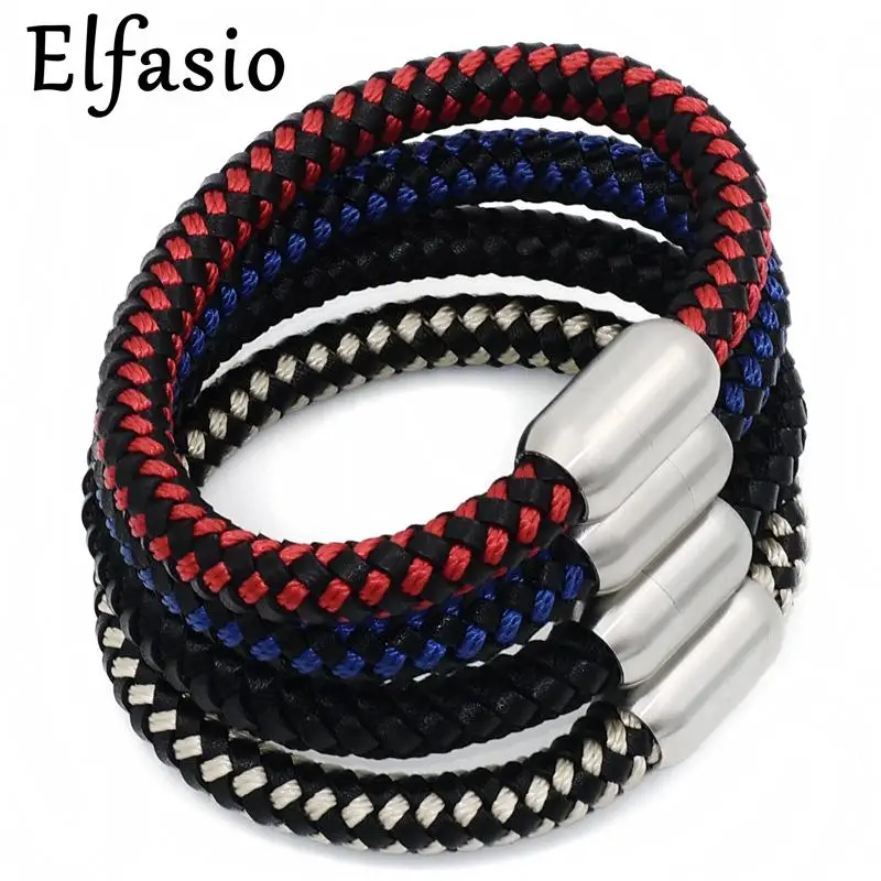 

8MM Men's Boy's Genuine Leather & Nylon Braided Stainless Steel Magnetic Lock Bracelet Fashion Jewelry LB002