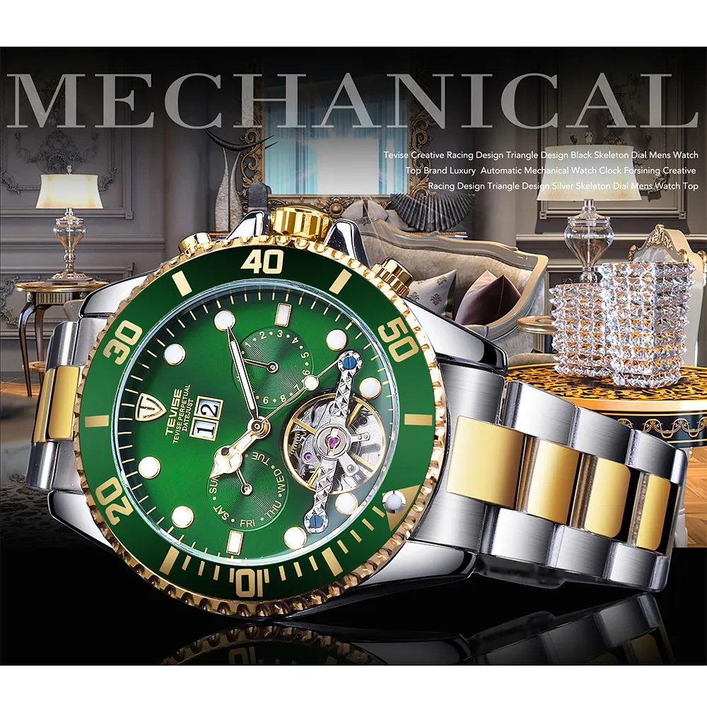 TEVISE Top Brand Luxury Tourbillion Green Dial Golden Stainless Steel Mens Business Sport Design Men Automatic Sport Wrist Watch