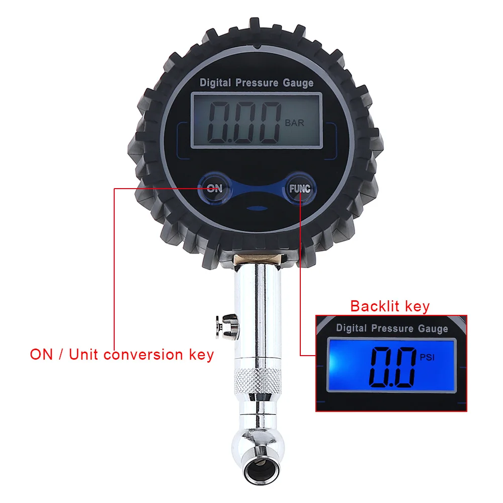 Portable Electronic Digital Tire Gauge with Short Pressure Measuring Valve & Blue Backlight Night Vision for Car Tire