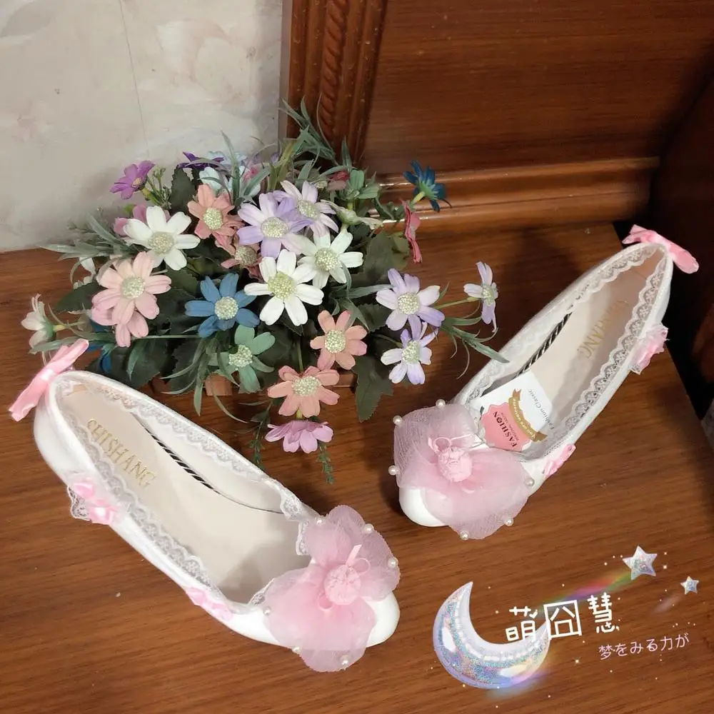 

Japanese sweet lolita shoes vintage cute strawberry lace princess kawaii shoes round head thin heel women shoes loli cosplay