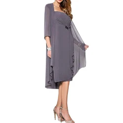 Vestidos de gasa hasta la rodilla para madre de la novia, Chaqueta corta, vestidos formales de noche, vestido elegante para madre, 2019