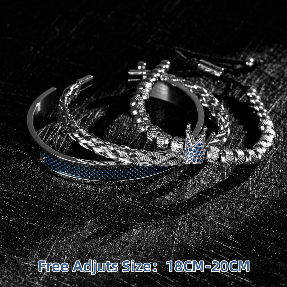 Luxury Set  Handmade Men Crown Bracelets Contrast Colour Bangles Hemp Rope Buckle Open Stainless Steel Micro Pave CZ Jewelry