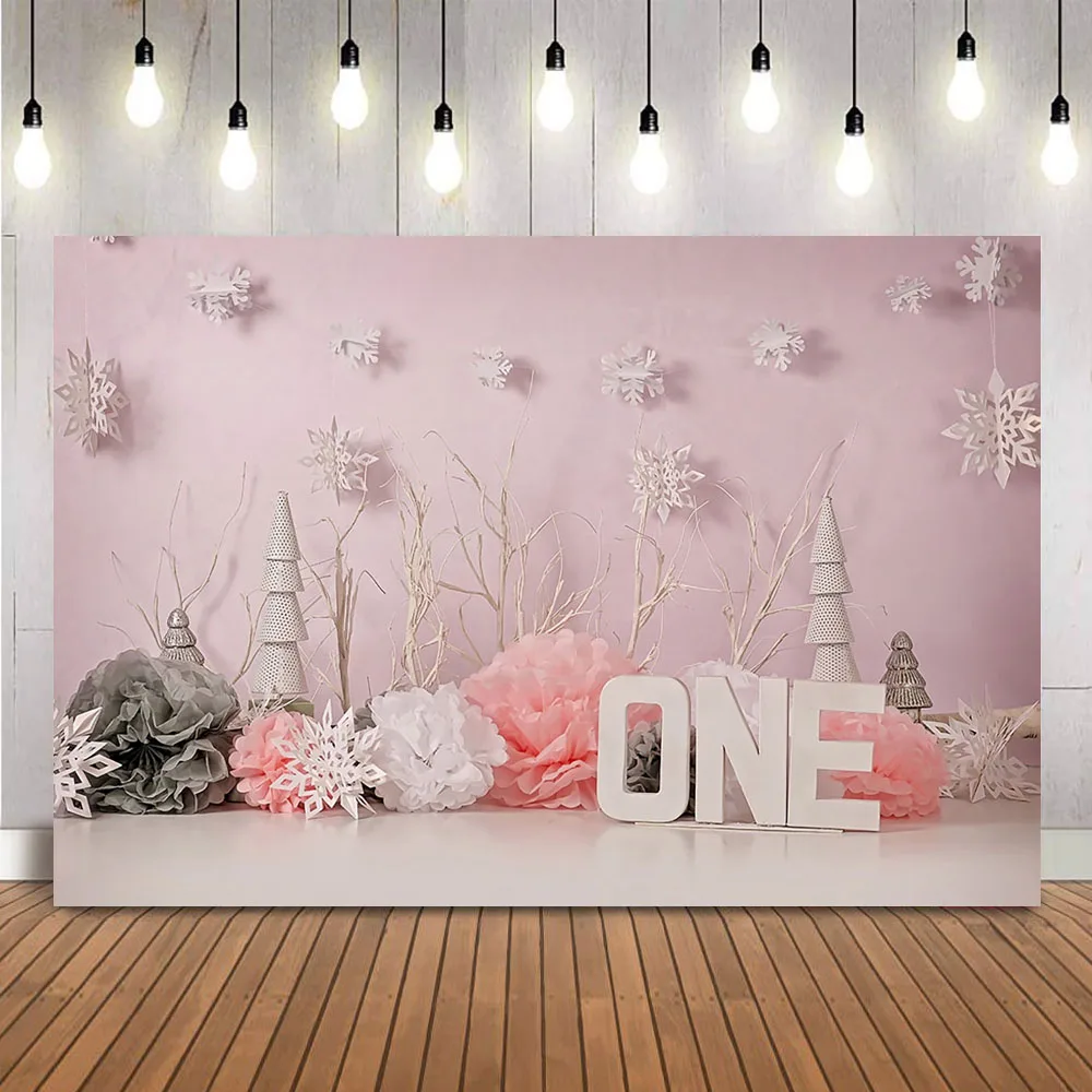 

1st Birthday Newborn Kid Portrait Photography Backdrop Winter Snowflake Pink Girl Photo Background for Cake Smash One Birthday