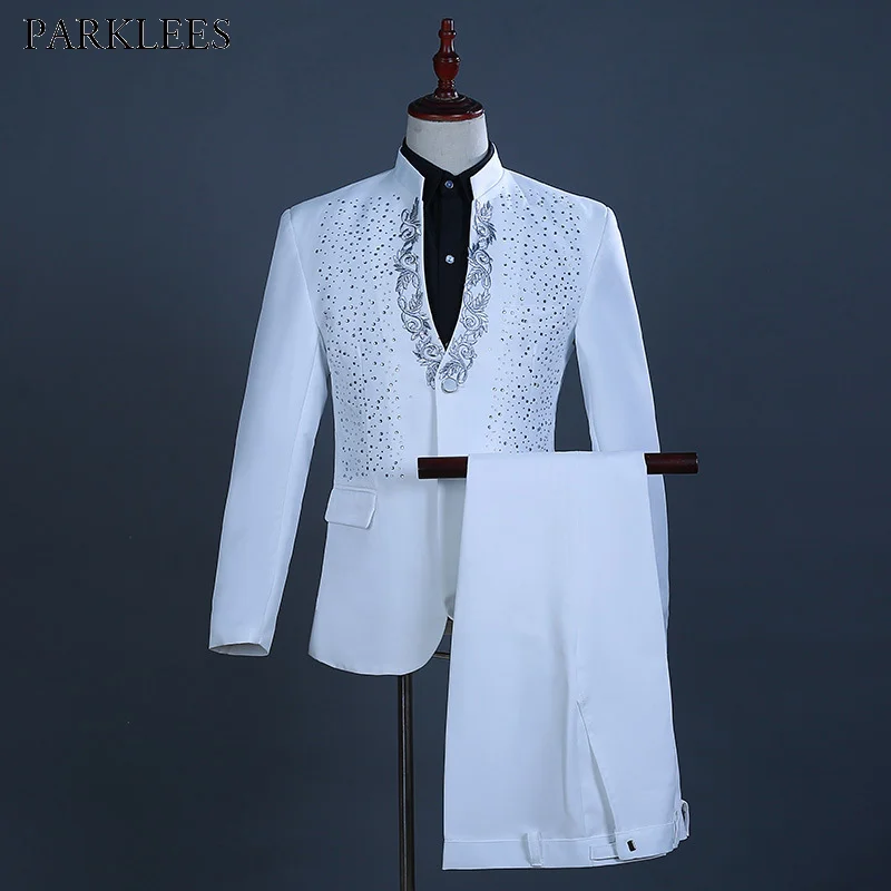 Costume de diamant brodé blanc pour hommes, costumes de smoking de marié de mariage, col montant, Costume de scène de bal, costumes pour hommes avec pantalons Ternos