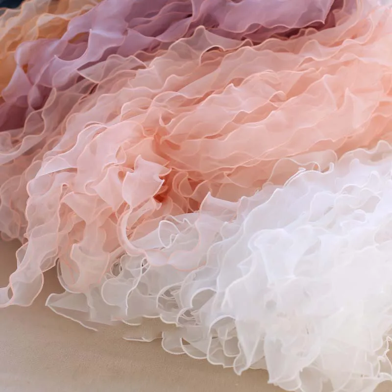 24meters Ruffle Lace Edge Trim Shiny Pink White Pleated Ribbon Fabric Hem For DIY Crafts Baby Dress Bouquet 5cm Width