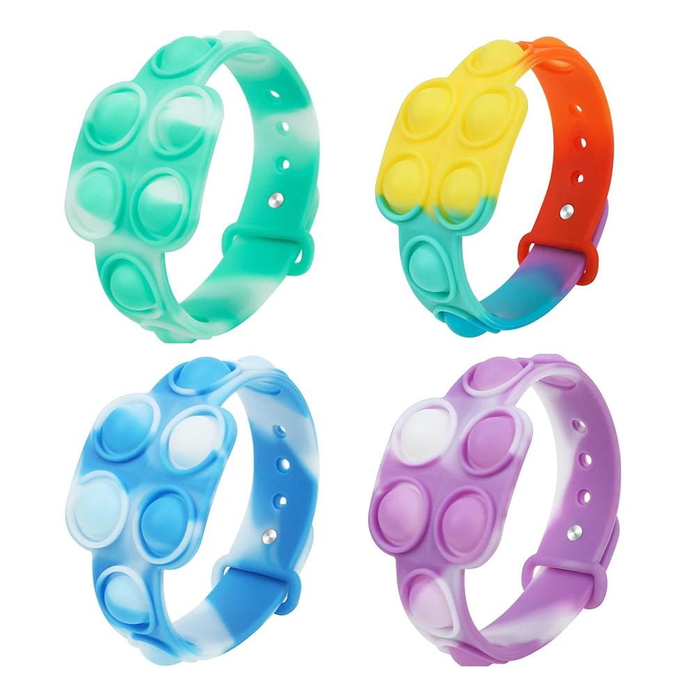 Rainbow Colorful Push Bubble Fidget Toy Bracelet Soft Silicone Stress Reliever Toy Spinner Sensory Squishy Squeeze Toys for Kids