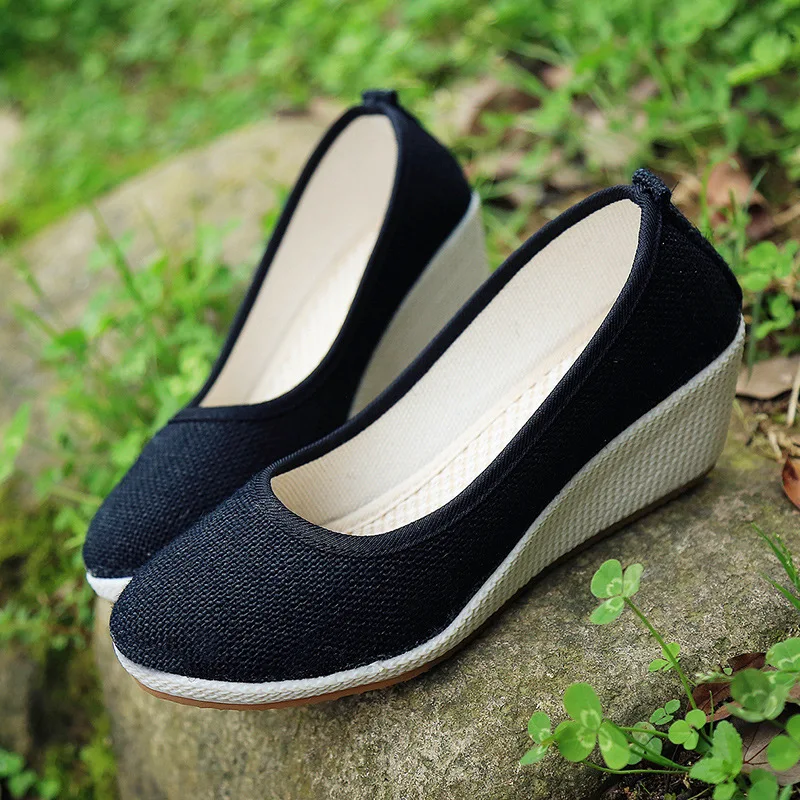 Veowalk Handmade Women Plain Linen Cotton Wedge Espadrilles Vintage Solid Color Ladies High Heel Slip on Platforms Pumps Shoes