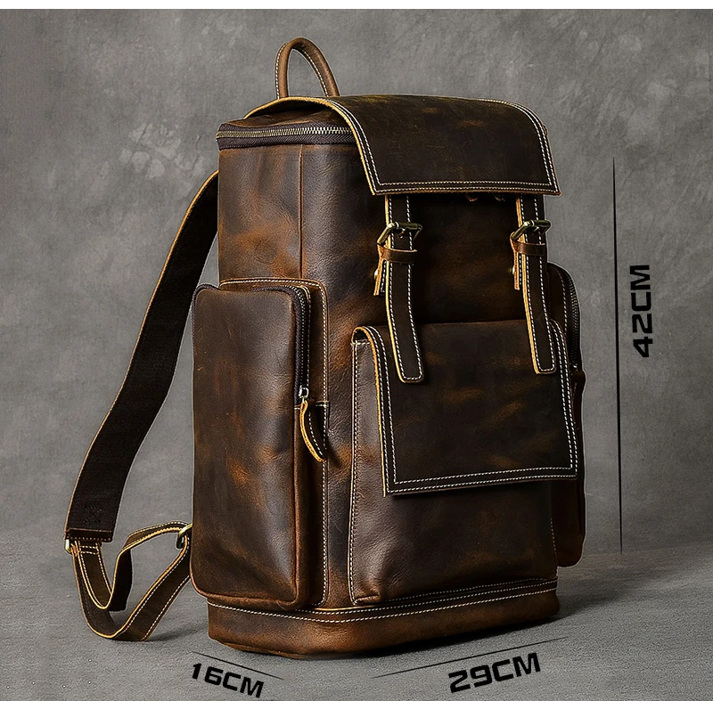 Retro Genuine Leather Men\'s Backpack Large Capacity Laptop Bag School Backpack Male Shoulder Bags Brown Leather Travel Backpacks