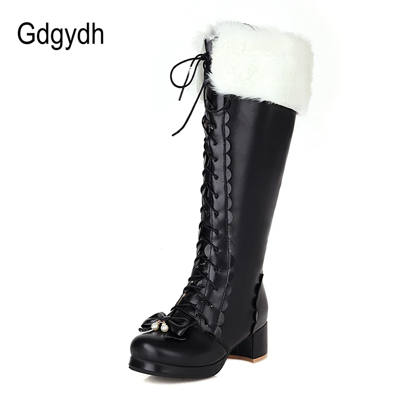 

Gdgydh Warm Plush Winter Boots Women Knee High Long Boots Lace Up Pink Gothic Lolita Shoes Female Fashion Bow Knot Big Size