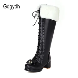 Gdgydh stivali invernali in peluche caldi stivali alti al ginocchio da donna stringate scarpe Lolita gotiche rosa moda femminile nodo con fiocco di grandi dimensioni