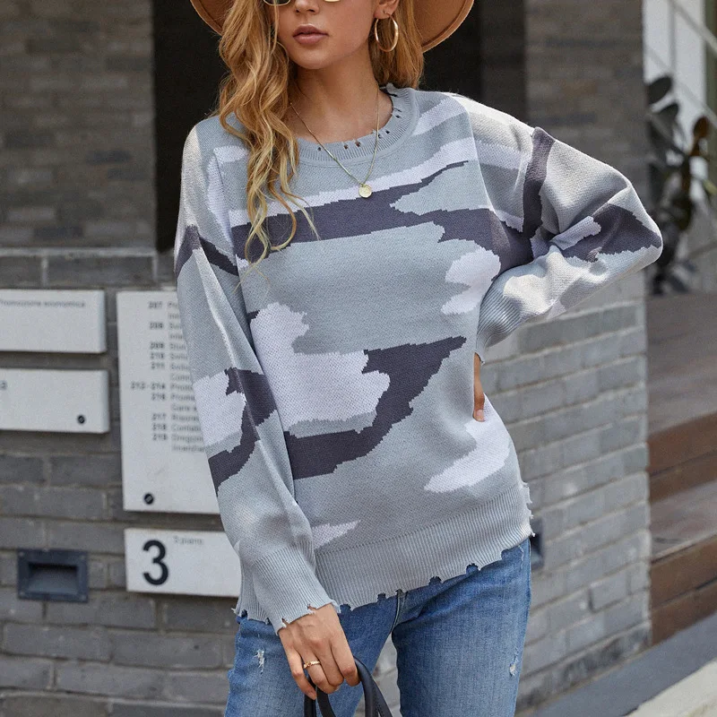 Handwork Scissors Ripped Tassel Sweater Female Autumn Winter Sweater Camouflage Sweater