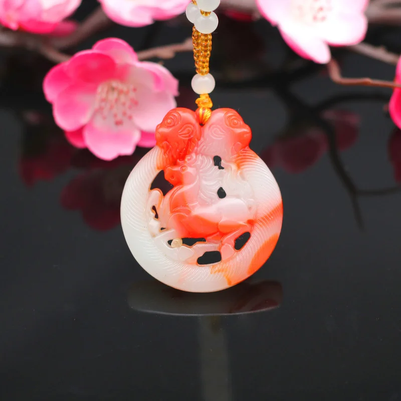 

Narural Red White Jade Zodiac Horse Pendant Necklace Double-sided Hollow Carved Chinese Fashion Charm Jewelry Amulet Women Gifts
