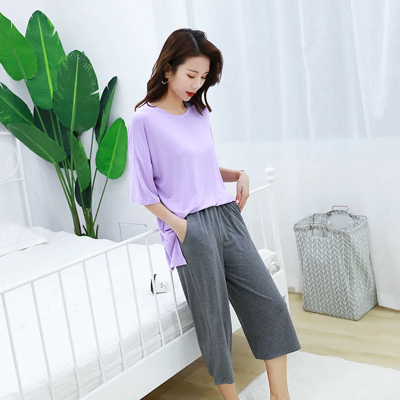 Summer female modal cotton pajamas suit short-sleeve shorts loose large size pajamas wide-leg pants home service women\'s pajamas