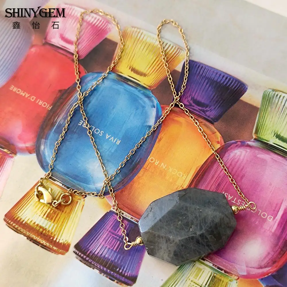 

SHINYGEM Fashion Gold Plated Long Chain Irregular Cut Corners Of Natural Labradorite Gemstone Pendant Handmad Necklace For Women