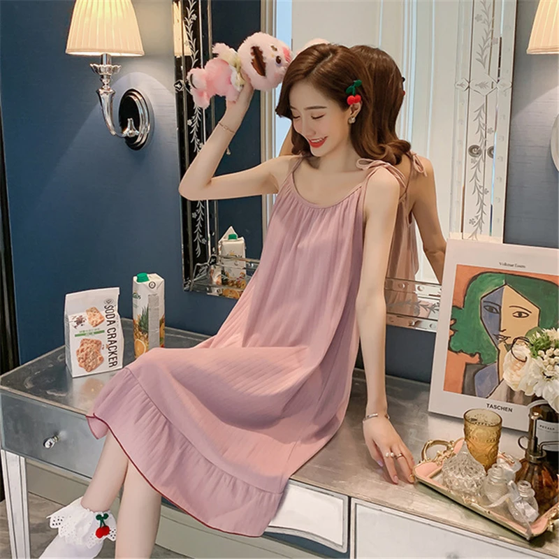 

Feminine nightdress summer cotton thin solid color simple sweet fairy sling nightdress explosion models hot dress sexy nightgown