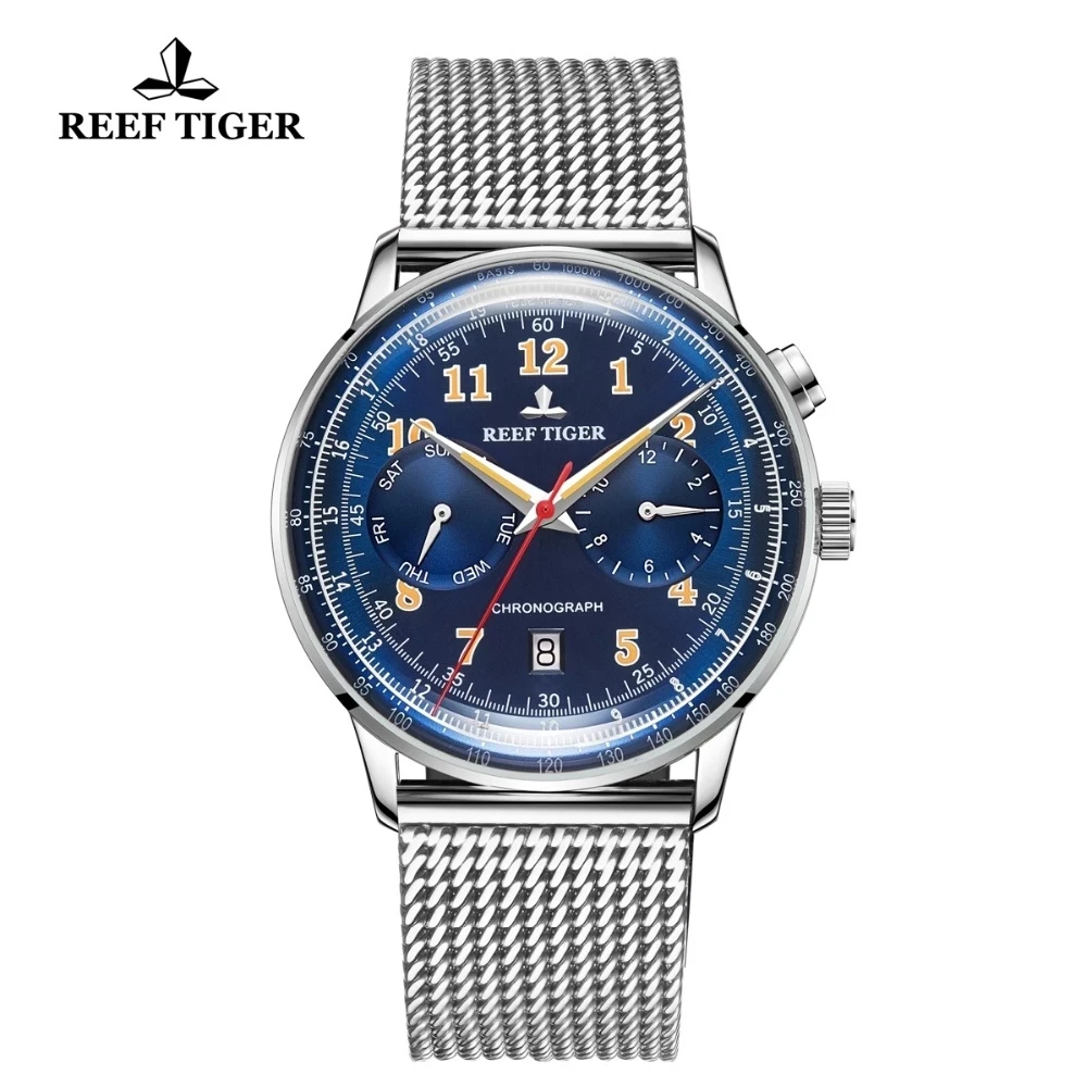 Reef Tiger/RT Brand Blue Self Winding Mens Watch Date Week Mesh Steel Band Classic Business Mechanical Watch Heren Horloge