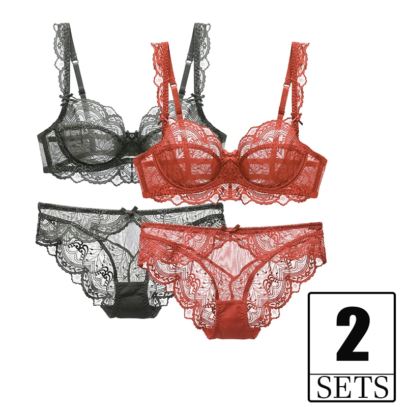 

2 Piece Set Ultra Thin Transparent Women Bra And Panties Lingerie Sexy Plus Size Push Up Brassiere Lace Underwear Girls Bras Red