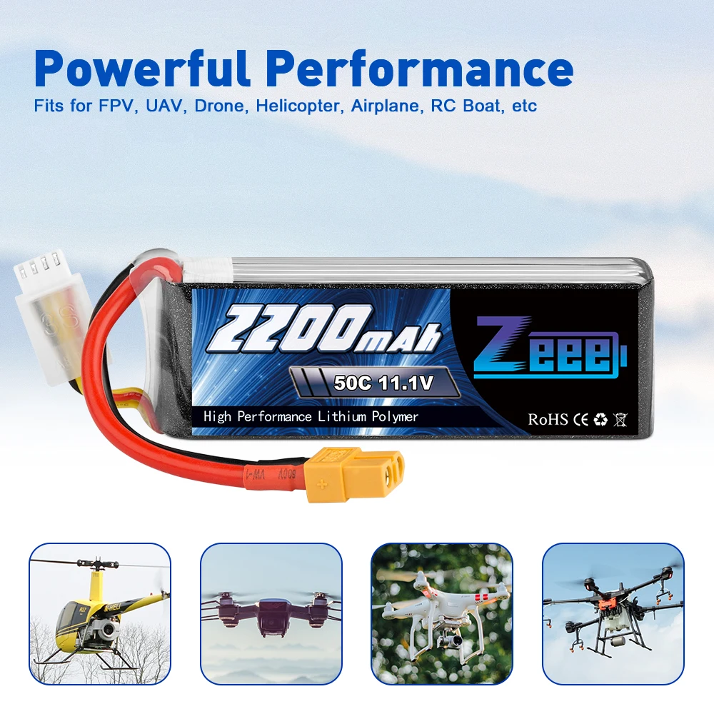 Zeee-bateria de drone, 2 unidades, 2200mah, 3s, 11.1v, 50c, lipo, com plug xt60, para quadricóptero rc, qav250, avião de barco