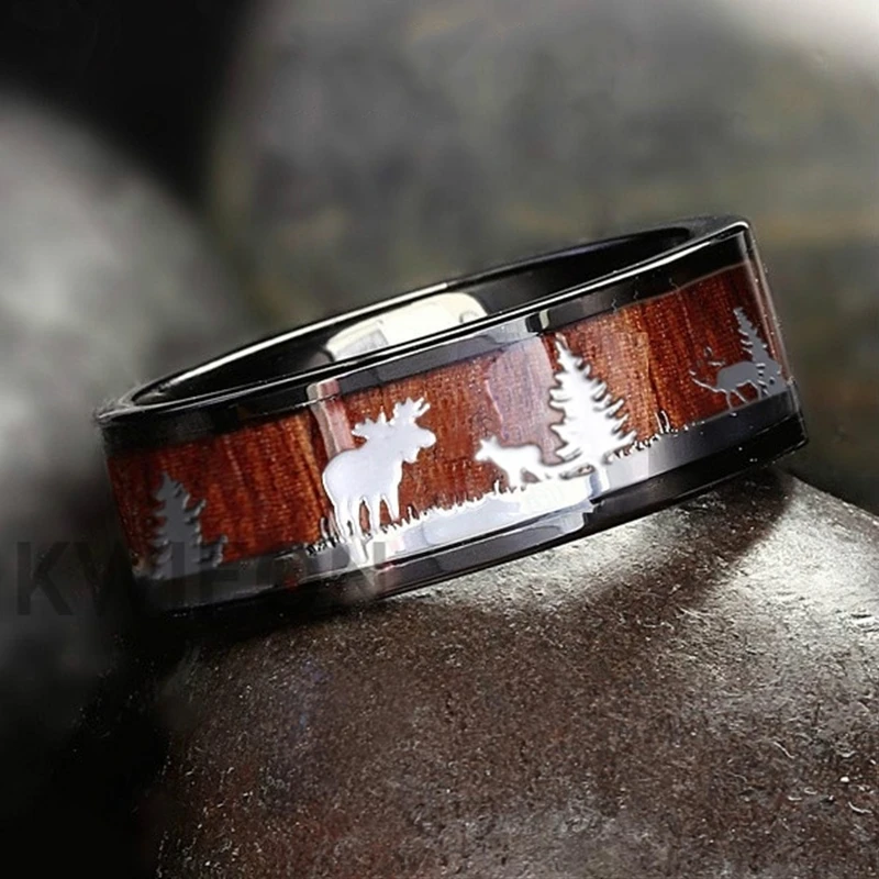 Fashion 8mm Men\'s Black Tungsten Wedding Band Hunting Rings Wood Inlay Deer Stag Silhouette Engagement Ring Men’s Wedding Band