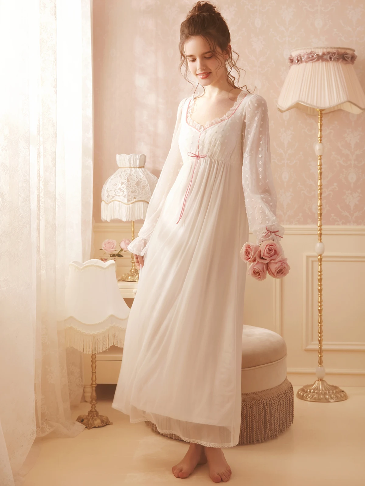 Sleepwear Nightgown Women Lace Long Sleeve Sleeping Dress