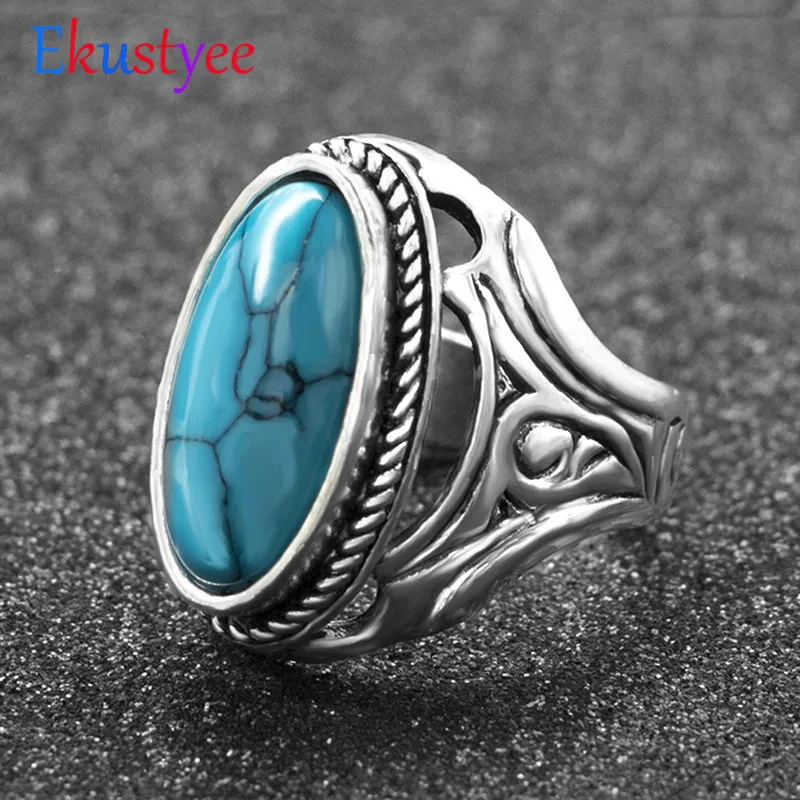 Vintage Stone Ring Fashion Jewelry Simulated Turquoise Finger Rings For Women Men Wedding Party Jewelry Gift