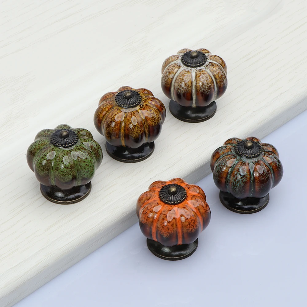 1Pc Pumpkin Cabinet Knob Ceramic Furniture Dresser Drawer Handle Vintage Pulls Handle Kitchen Cupboard Knob Furniture Hardware