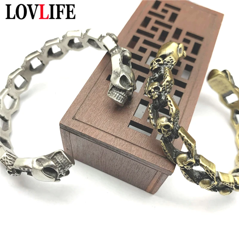 Double Skull Bangle Brass Men Jewelry Vintage Locomotive Male Open Cuff Bracelets Bangles Punk Rock Skeleton Wristband Bangles