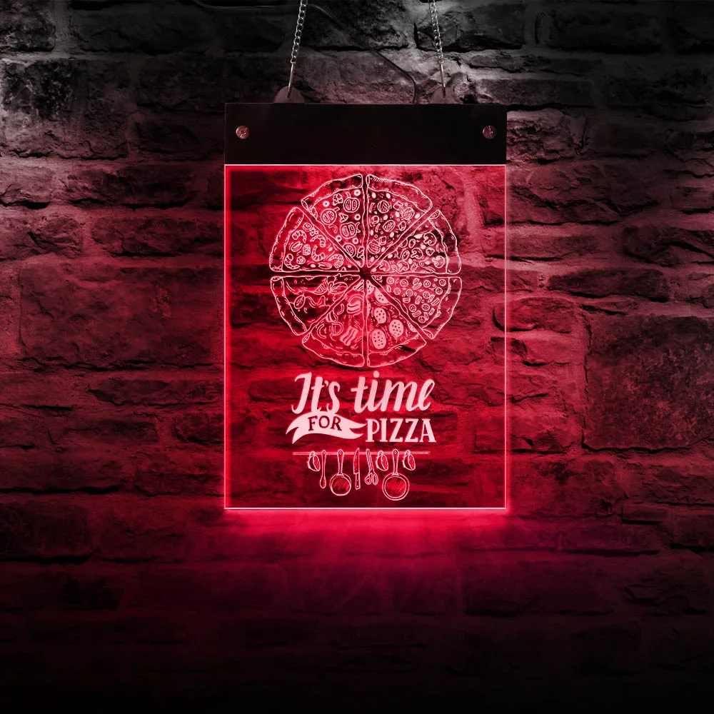 It's Time For Pizza LED Wall Hanging RGB Sign Pizza Shop Color Changing Wall Art Light Electric Rectangle Advertisement Board