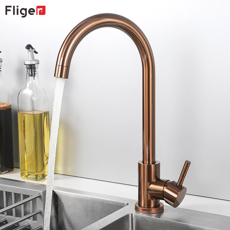 Fliger Rose Gold Kitchen Faucets Stainless Steel Kitchen Sink Mixer Tap Sink Faucets Hot Cold Water Mixer Faucet Torneira