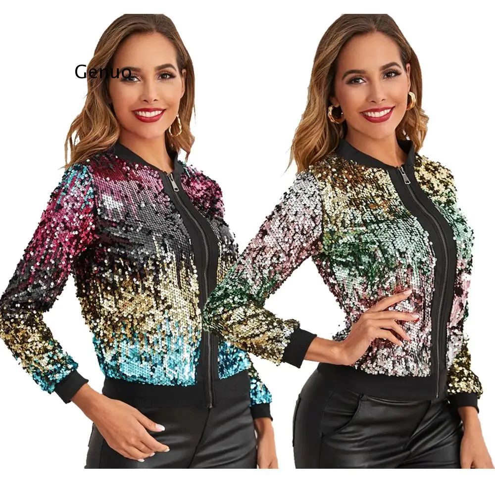 Women Fashion Street Reduction of Age Casual Hip Hop Style Jacket Long Sleeve Zipper Sequins Decoration Jacket