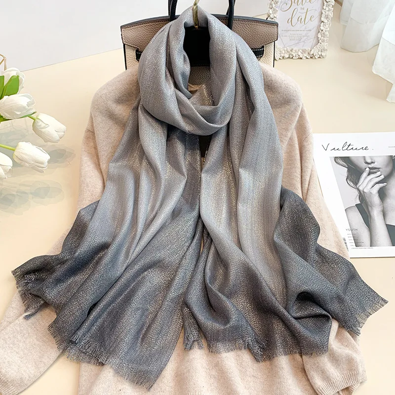 Nieuwe Mode Vlakte Ombre Lurex Glitter Viscose Sjaal Lady Hoge Kwaliteit Gradiënt Pashmina Fringe Stola Bufandas Moslim Hijab