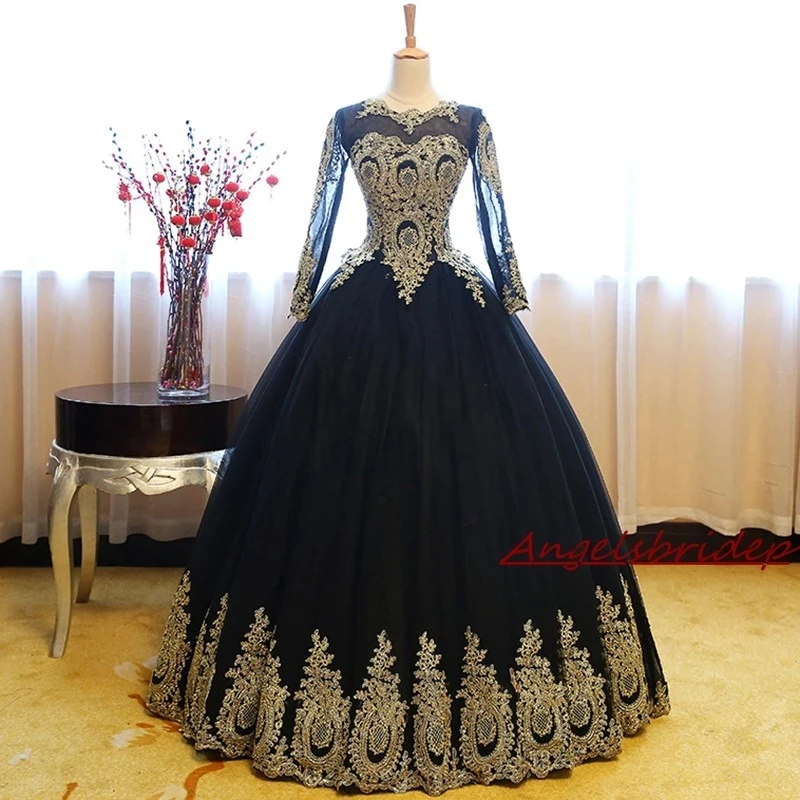 

ANGELSBRIDEP Long Sleeves Quinceanera Dresses 2021 Gold Appliques Ball Gowns Sweet 16 Dresses Vestidos De 15 Anos Robe De Bal