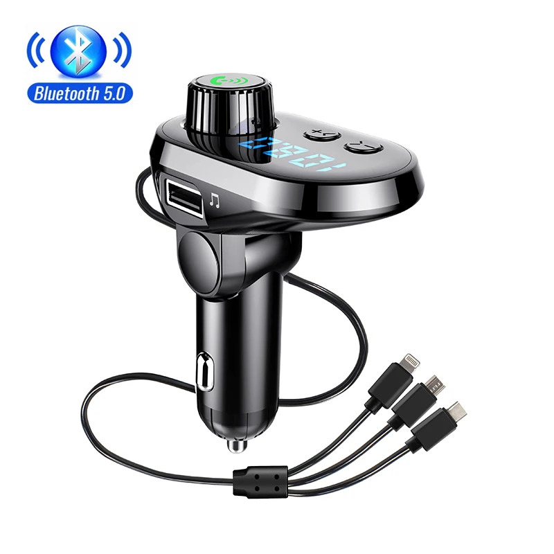 

New Car Bluetooth 5.0 FM Transmitter Wireless Handsfree Audio Receiver Auto MP3 Player 3 charging ports USB Fast Charger