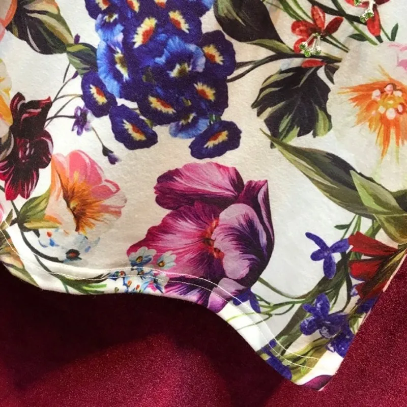 High Street Summer Vintage Printed Flowers T-Shirts Women Loose Fit O-Neck Short Sleeve Pullover Tops Female Beading Luxury Tees