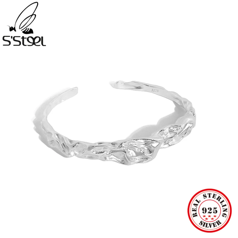 S'STEEL 925 Sterling Silver Punk Korean Cuff Bangle Bracelet Handmade Texture For Women S925 Gothic Accessories Fine Jewellery