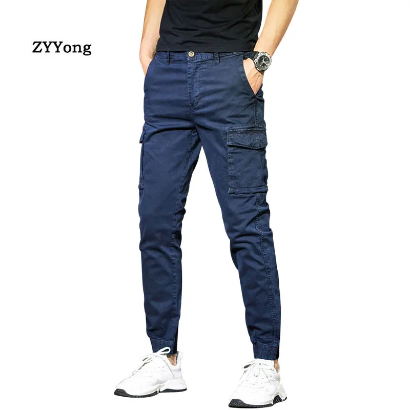 

Cotton Blue Overalls Men Casual Cargo Pants Fashion Big Pocket Beam Feet Slim Military Outdoor Sports Streetwear Black Trousers