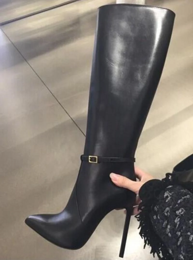 

Черные кожаные сапоги с острым носком, сапоги до колена на шпильке с пряжкой и ремешком, зимние модные высокие сапоги на молнии, модельные туфли