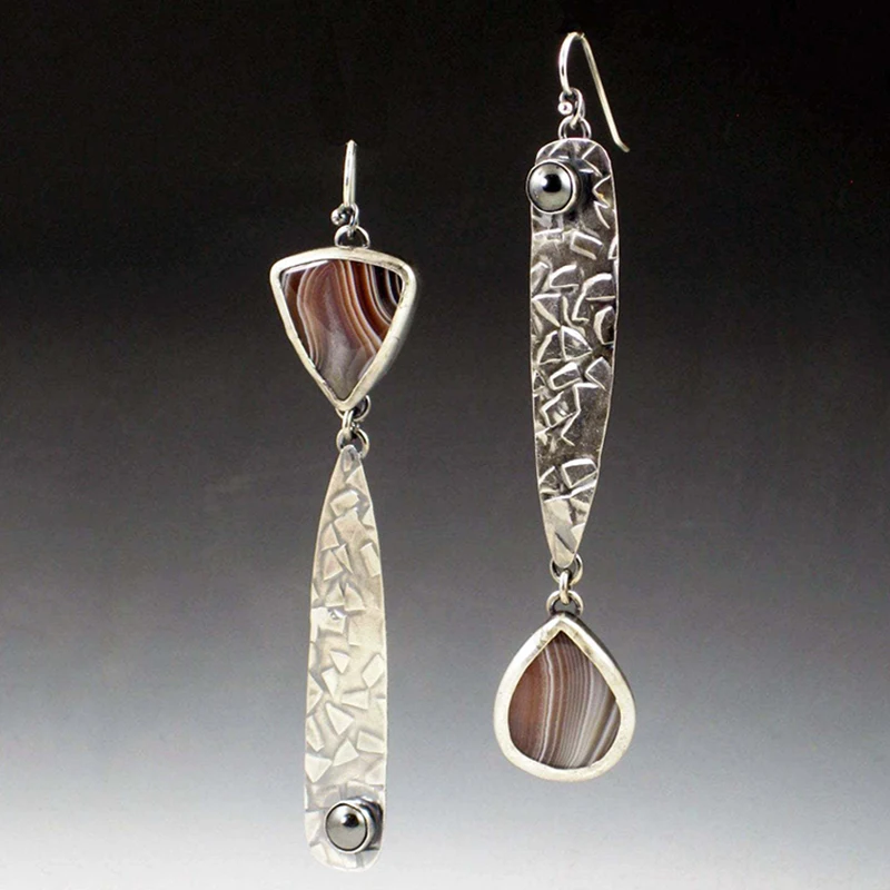 Vintage الجوف الجوف دوامة الأزرق حجر استرخى القرط للنساء مجوهرات القبلية معدن فضي اللون دوامة العرقية بوهو أقراط