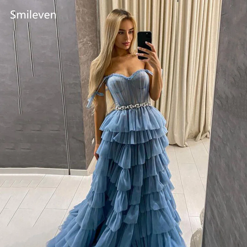 Smileven Blue Sweetheart Princess Prom Dress Ball Gown Puffy Tiered Tulle Long Evening Dress Deep V Neck Prom Party Dresses