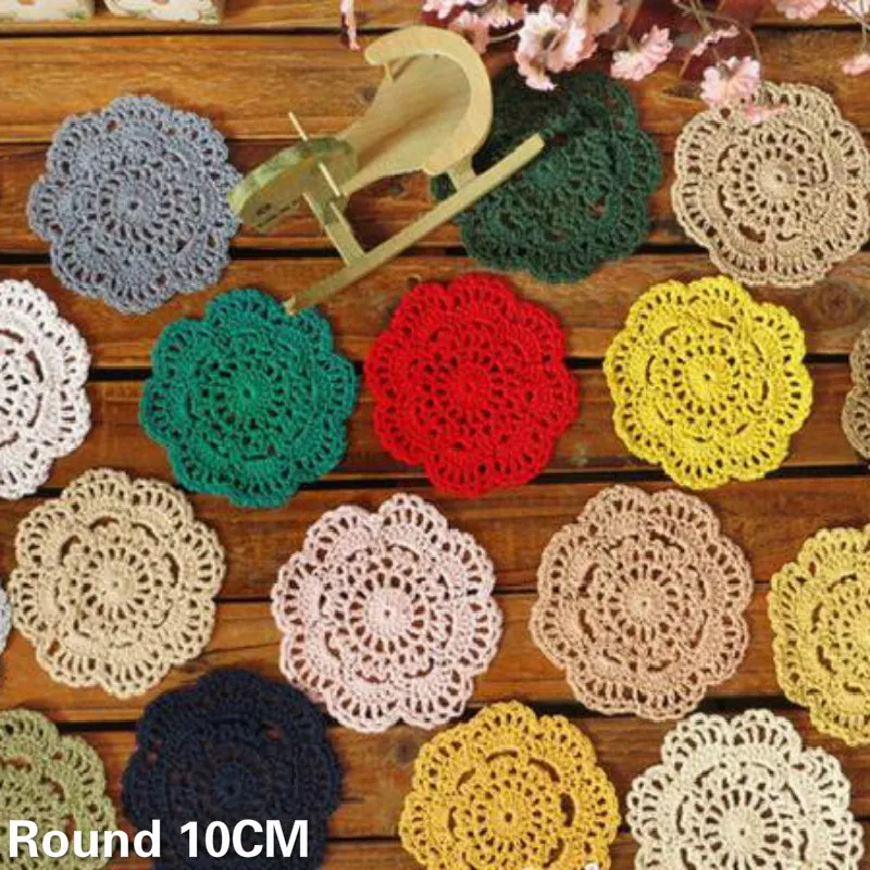 5PCS/Lot Round 10cm Teacup Coaster Mat Placemat Fabric Cloth Round Design Crochet Doily Christmas Luxury Dining Table Coasters