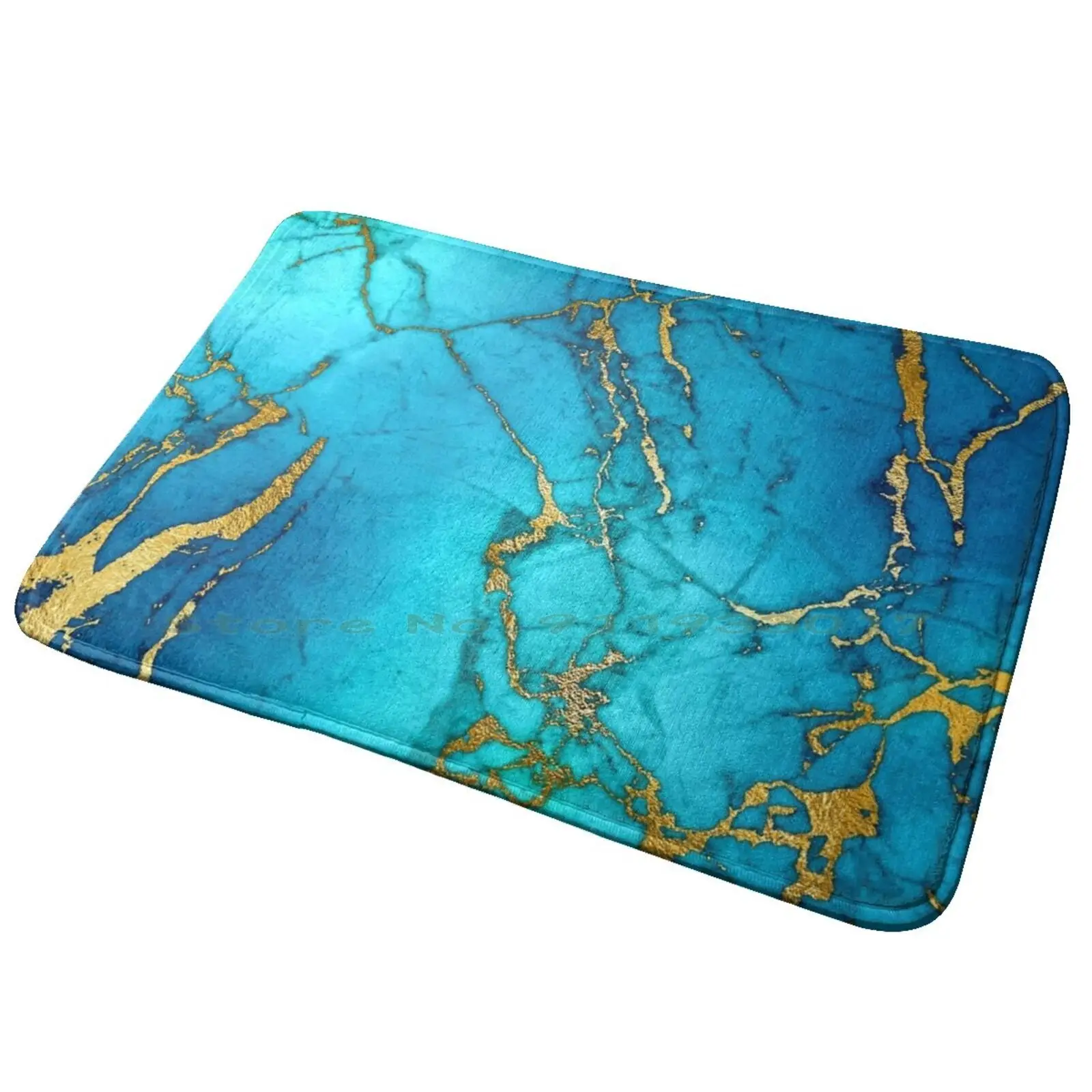 Teal Blue Faux Marble And Gold Glitter Veins Entrance Door Mat Bath Mat Rug Stylish Ombre Marbled Nature Texture Geode Terrazzo