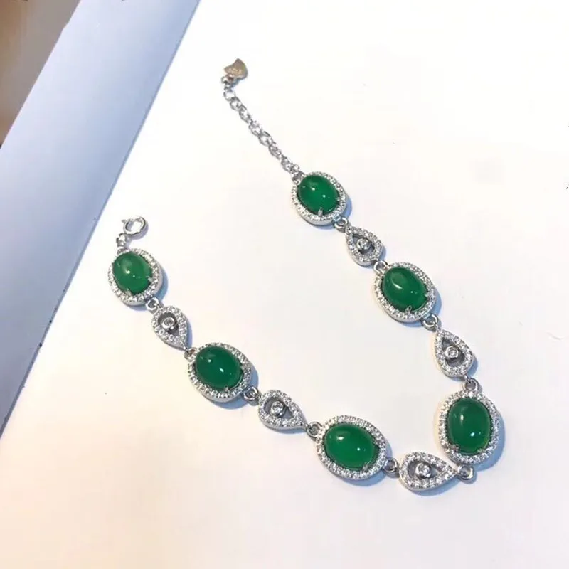 

S925 Sterling Silver Inlaid Natural Green Chalcedony AAA Zircon Bracelet Generous Classic Jewelry