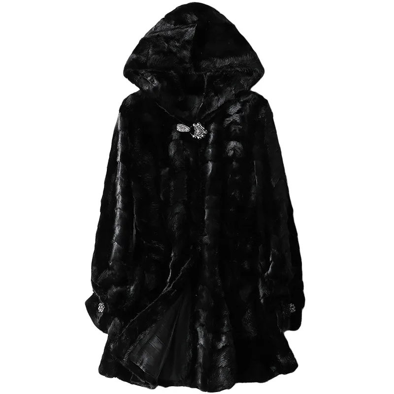 

Genuine Piece Mink Fur Coat With Hoody Winter Women Warm Outerwear Plus Size 4XL LF21013HH