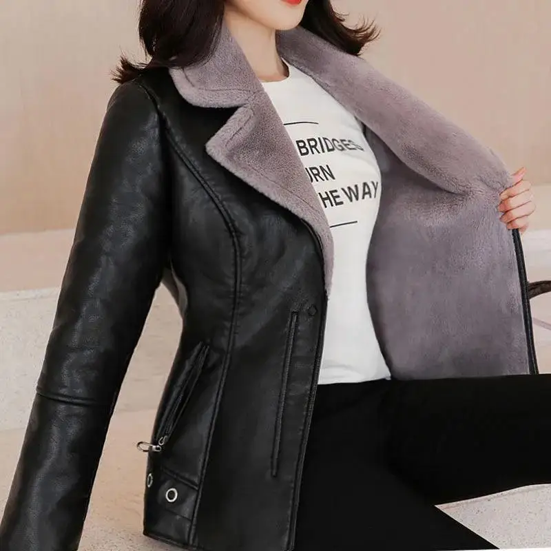 2022 Women Fur Leather Jacket Autumn Winter Overcoat Add Velvet Thick Warm Outwear Female Leather Jackets Zipper Lamb Wool Coat