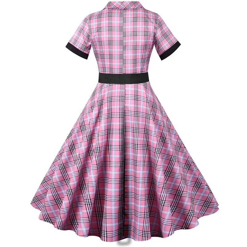 Notched Collar Plaid Print 50s Vintage Dress With Belt 2023 Summer Women Casual Slim Party Jurken Elegant Short Sleeve Clothing