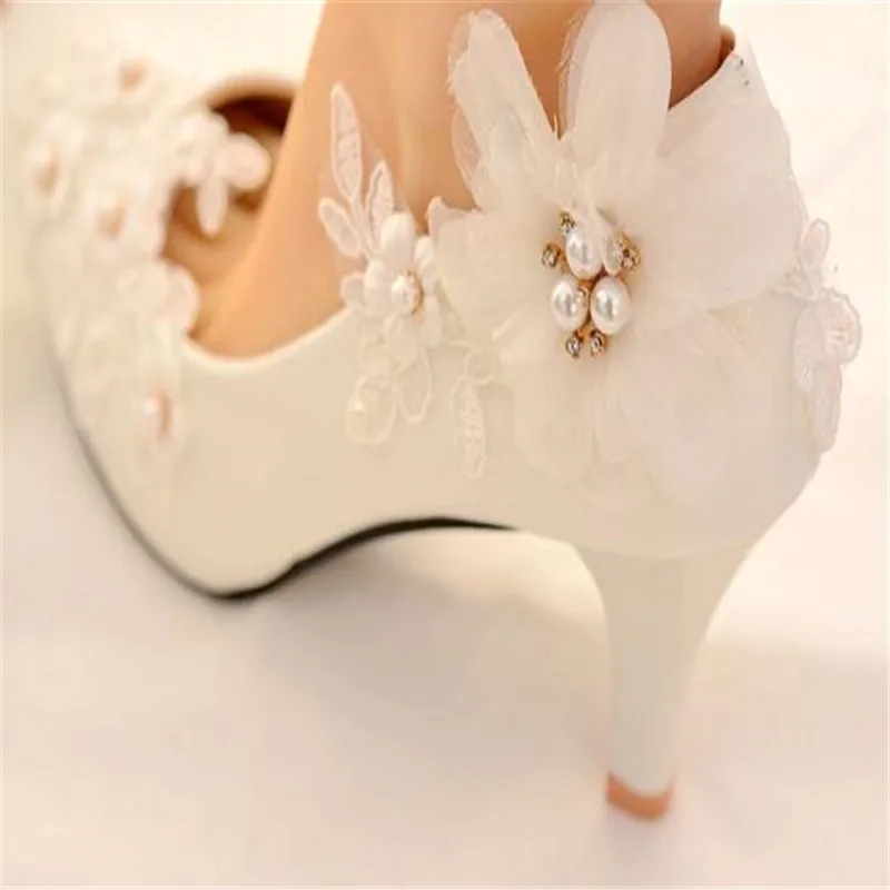 Classic white lace flower wedding shoes woman high heels 2019 women low heels bridal shoes female shoes plus size 41 42